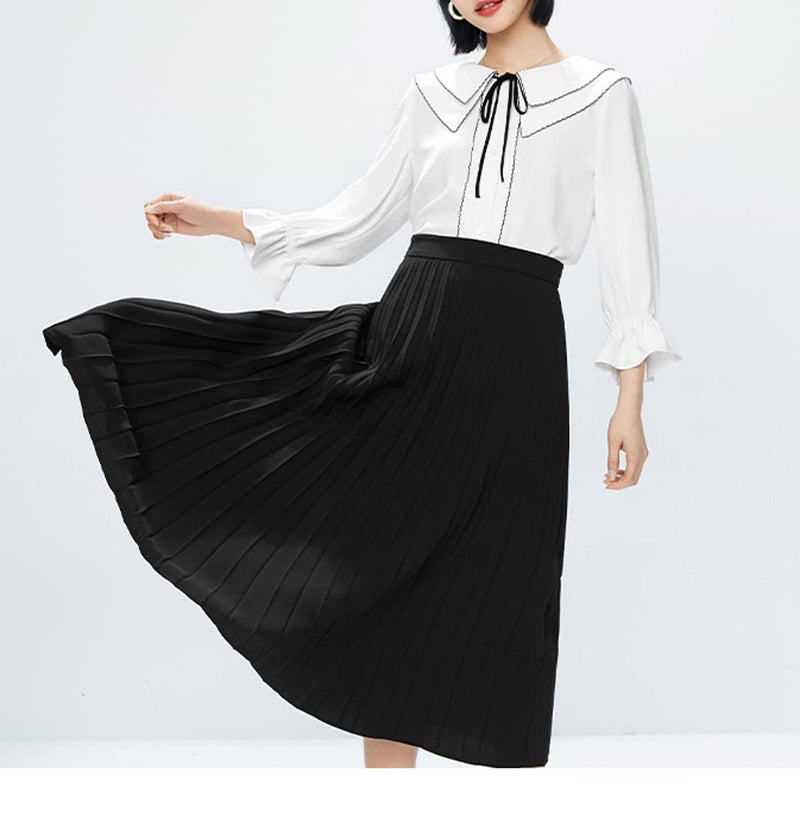 GOLDSTITCH Women's High Waist Pleated Skirt A line Swing Midi Skirt Black - Image 2